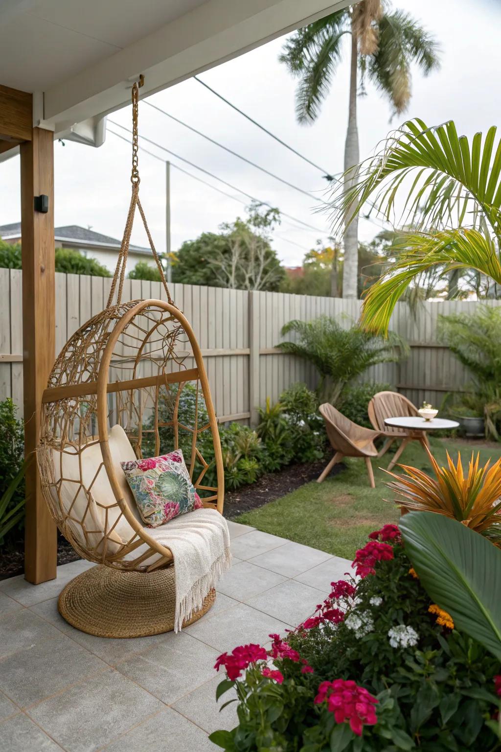 A swinging chair offering a playful touch to a lanai.
