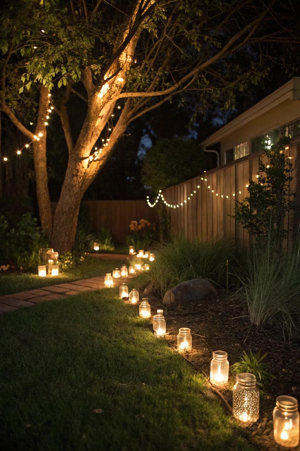 Glass jar lights contribute an enchanting and whimsical touch.