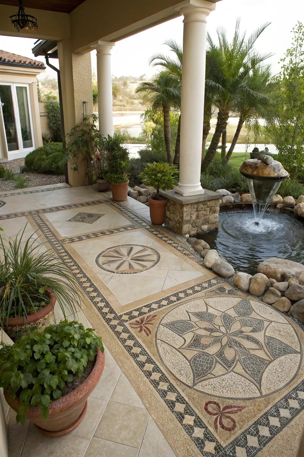 Pebble mosaics convert patios into artistic outdoor havens.