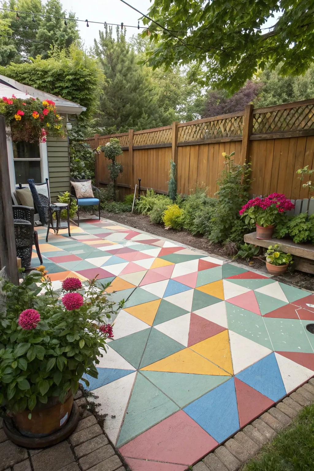 A painted patio deck in vibrant geometric patterns.