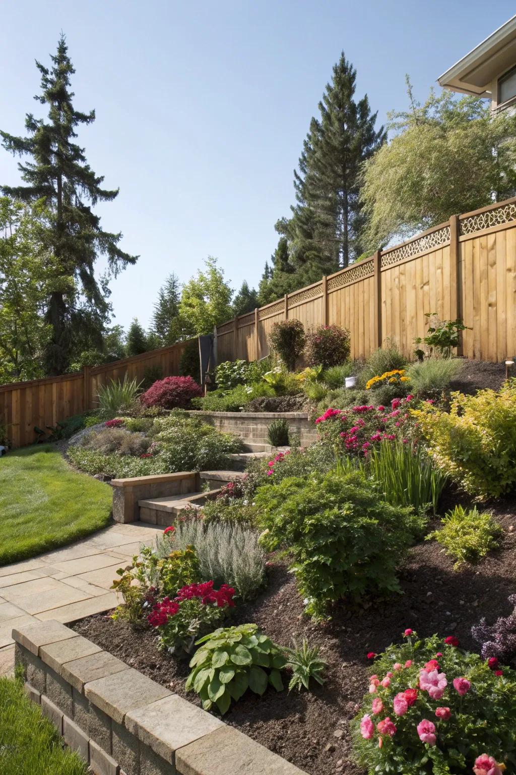 Tiered planting imparts depth and visual dimension.