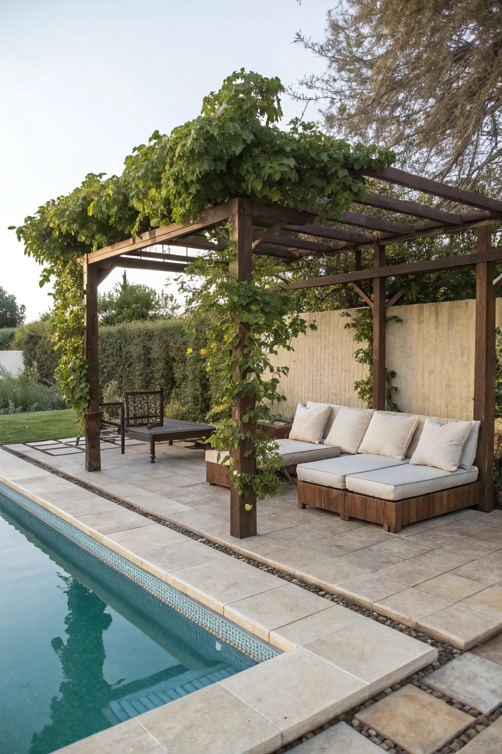 Comfy seating alters a pergola into a lounge sanctuary.