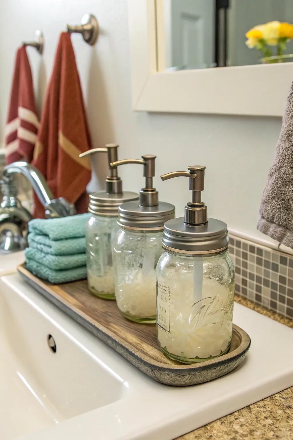 Handmade soap dispensers constructed from preserving containers add a stylish touch.