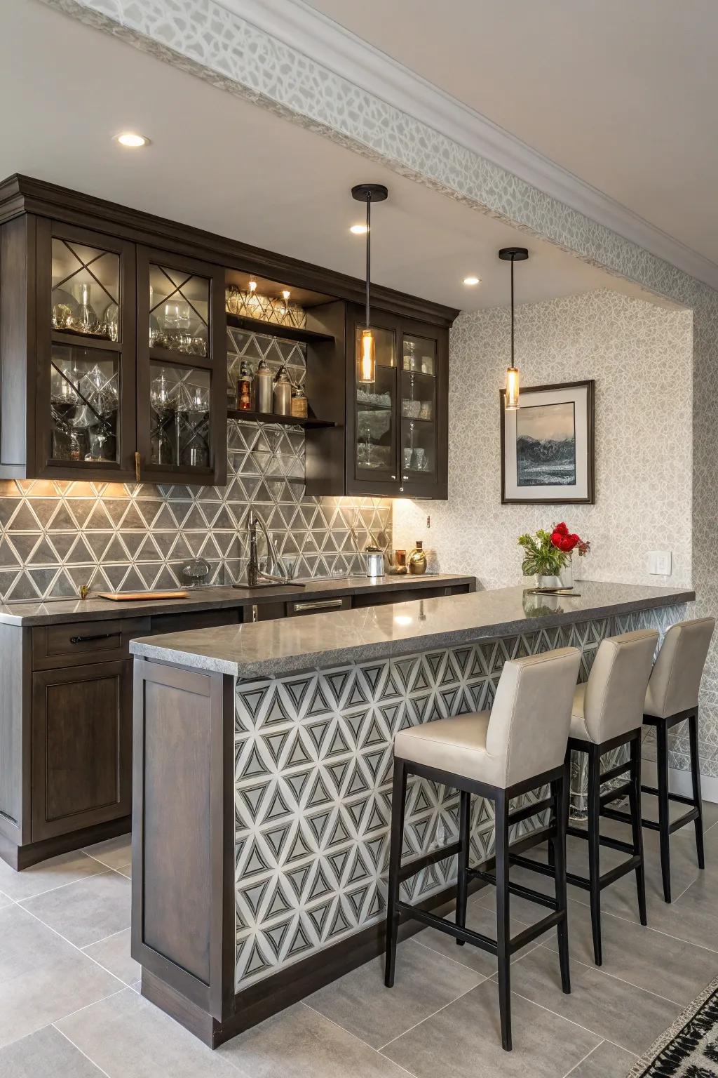 A home bar with a geometric design tile backsplash in a modern style.