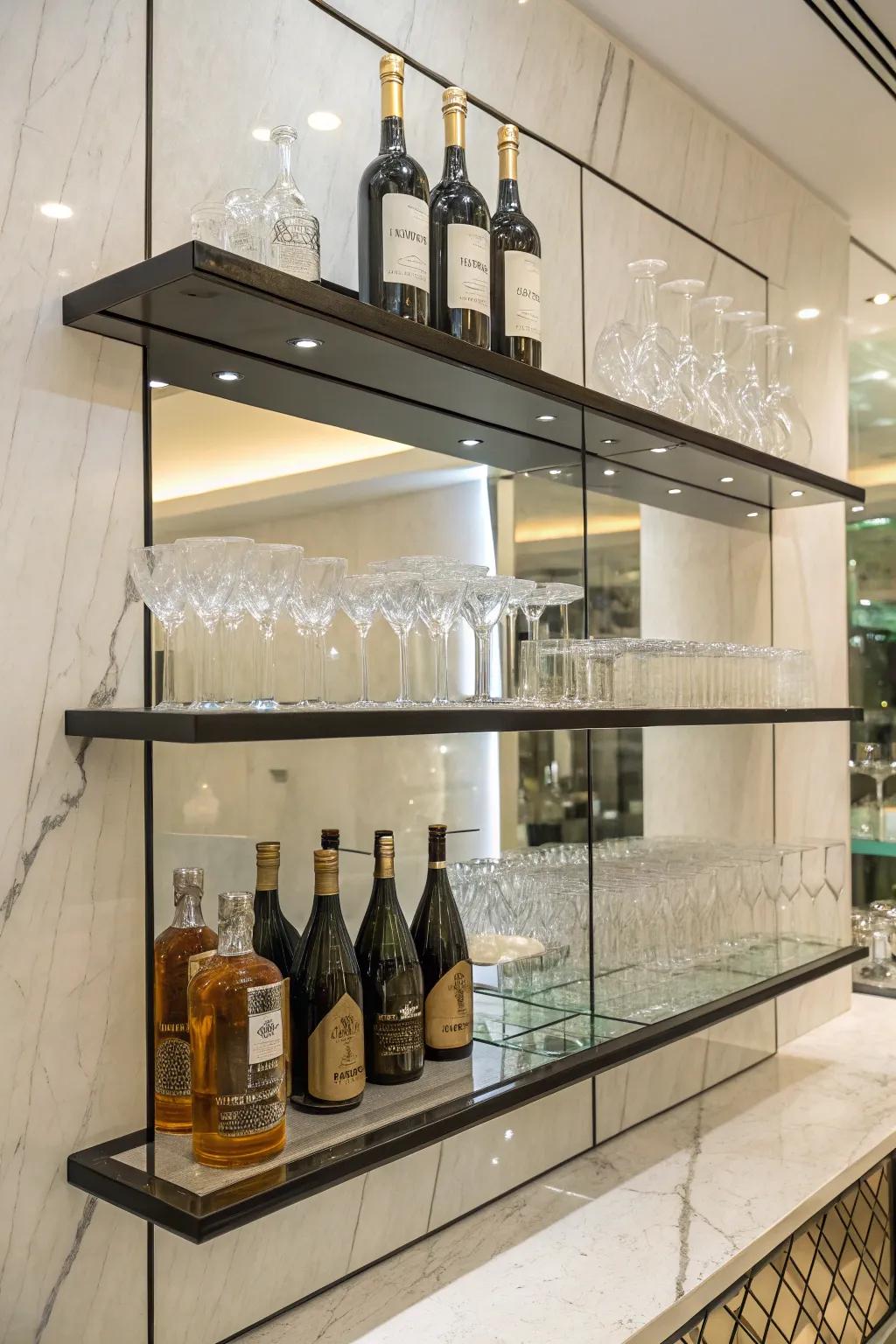 Floating shelves with mirrors create a seamless, airy bar setup.