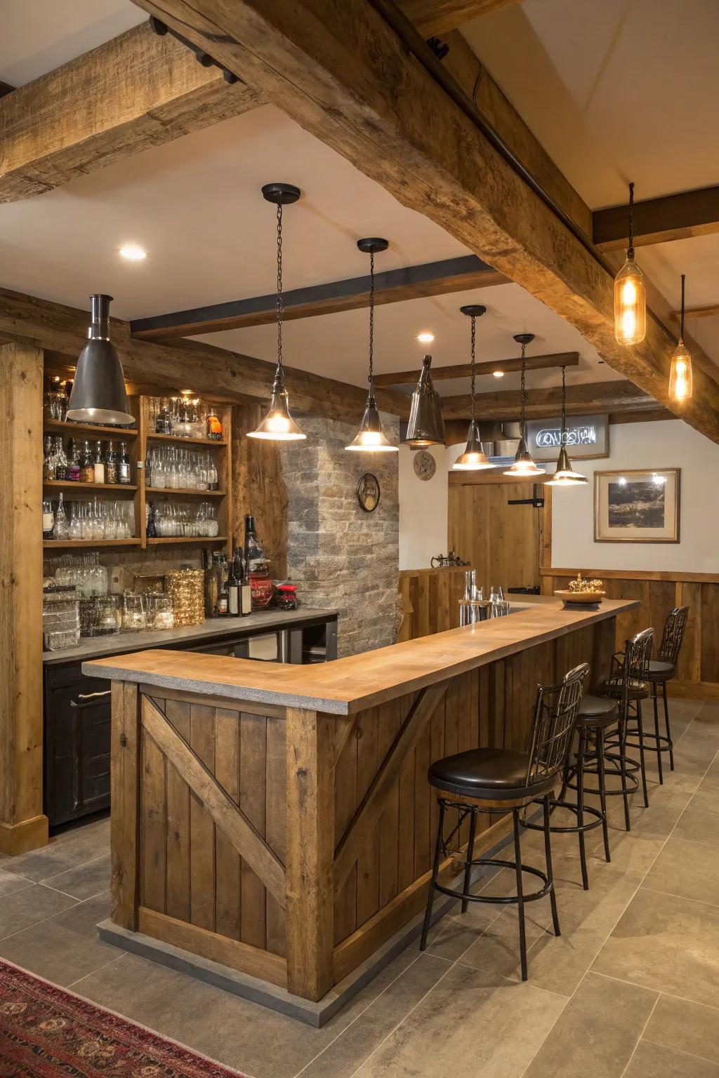 Rustic wood features introduce warmth and charm.