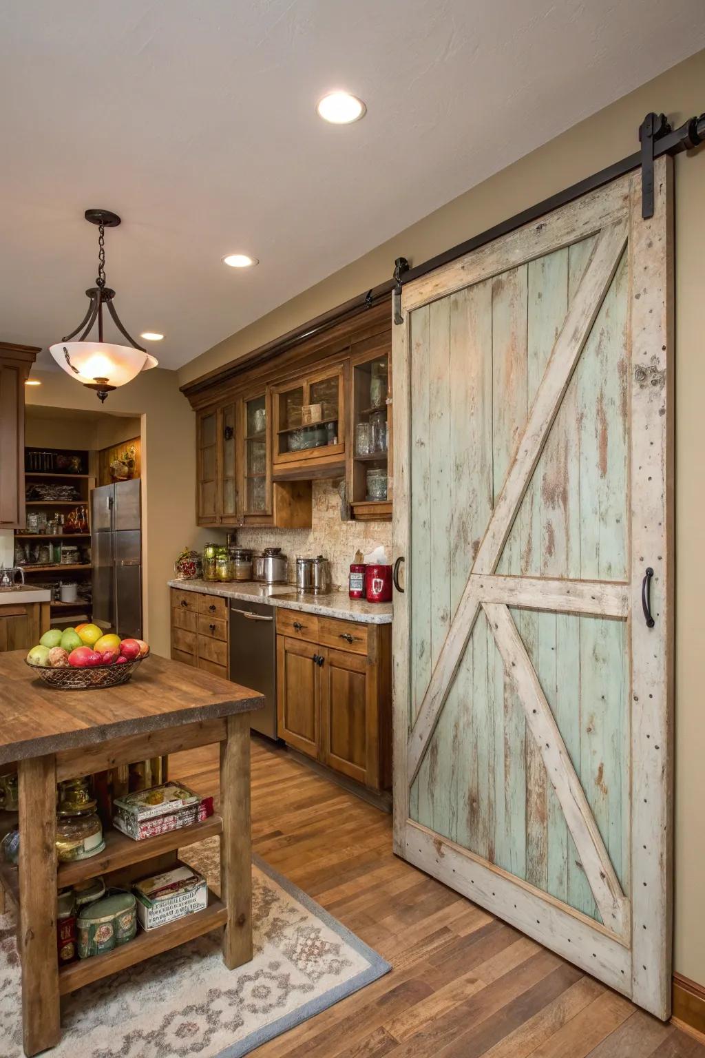 A kitchen featuring a sliding barn door pantry treated with distressed paint.