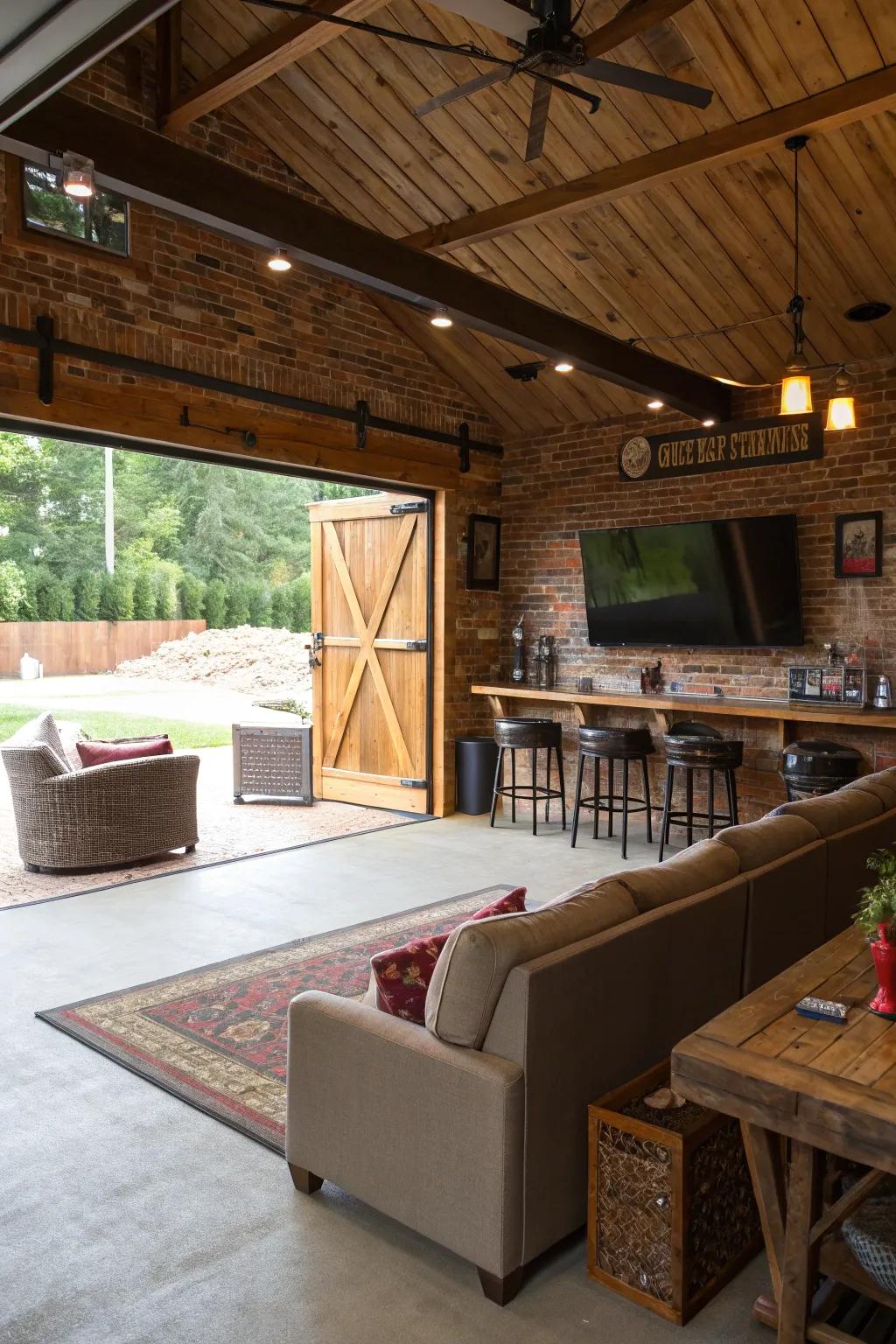 A bar space offers fun and unwinding in this garage.