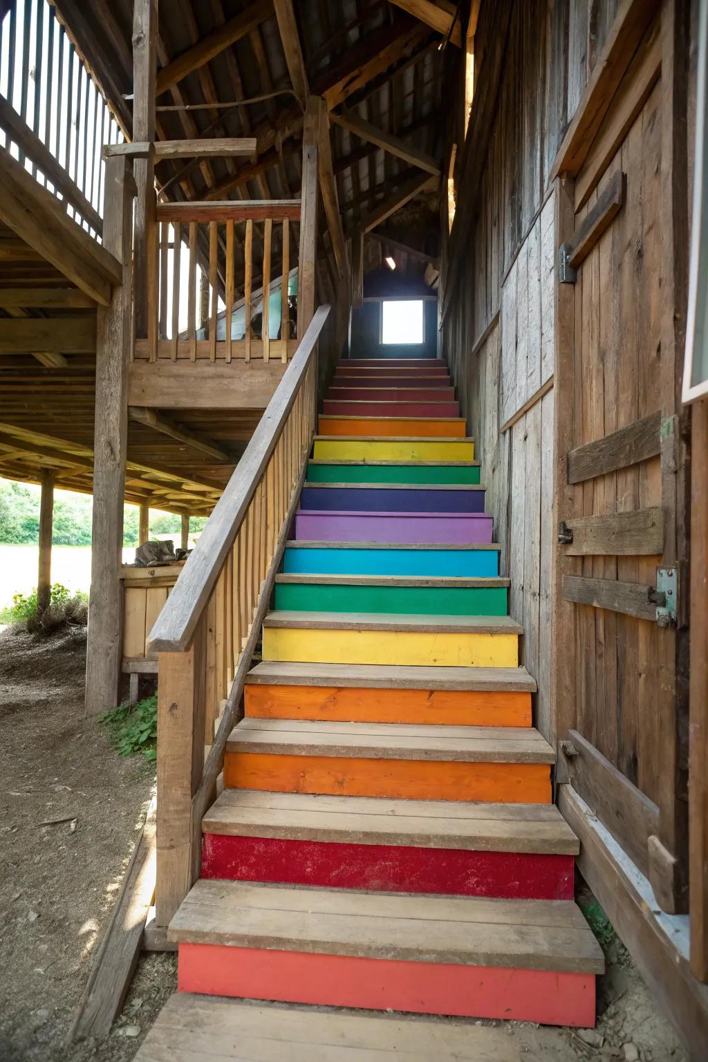Vibrant-hue steps bring modern flair to barn stairs.