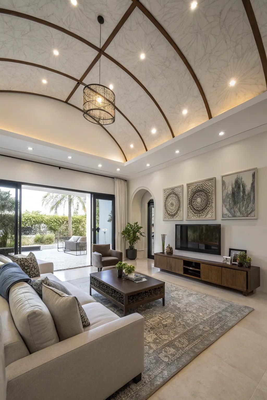 A contemporary lounge featuring counter-sunk illumination within the barrel ceiling.