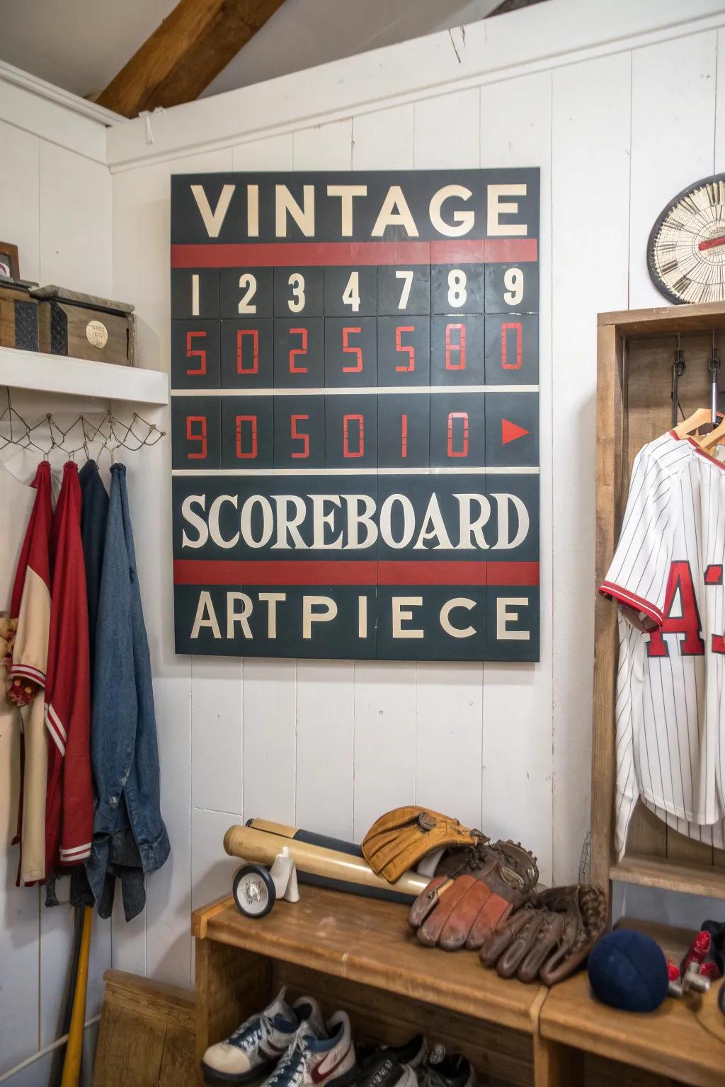 Scoreboard art infuses the space with a sense of nostalgia and past times.