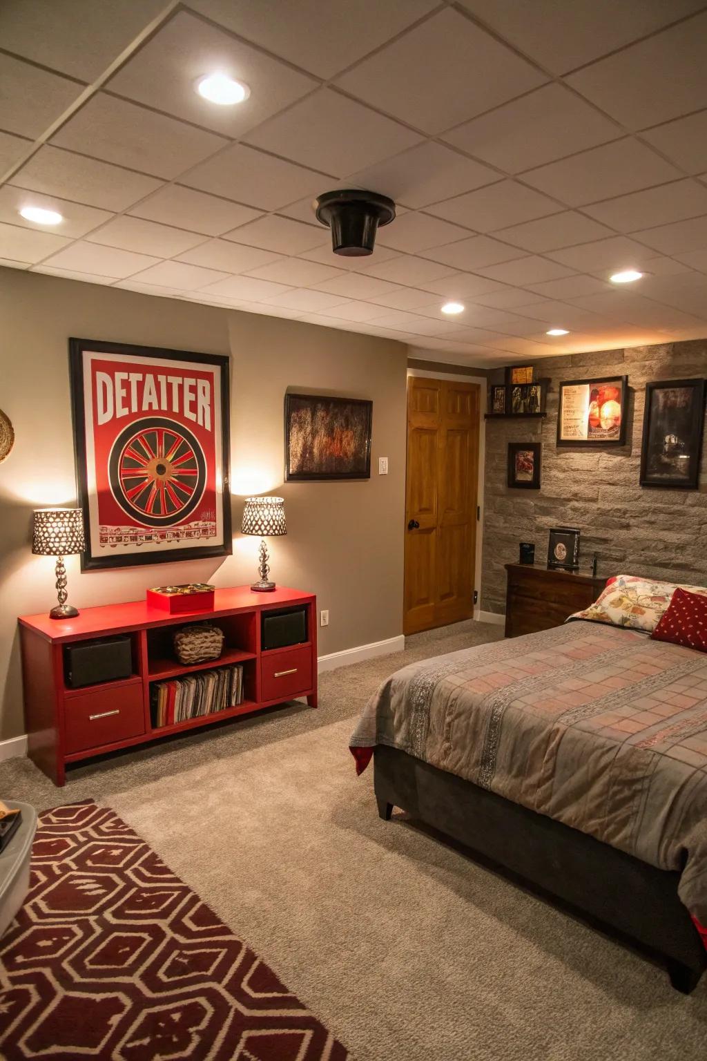 Carefully chosen centerpieces heighten the charm and provide a focal point within basement bedrooms.