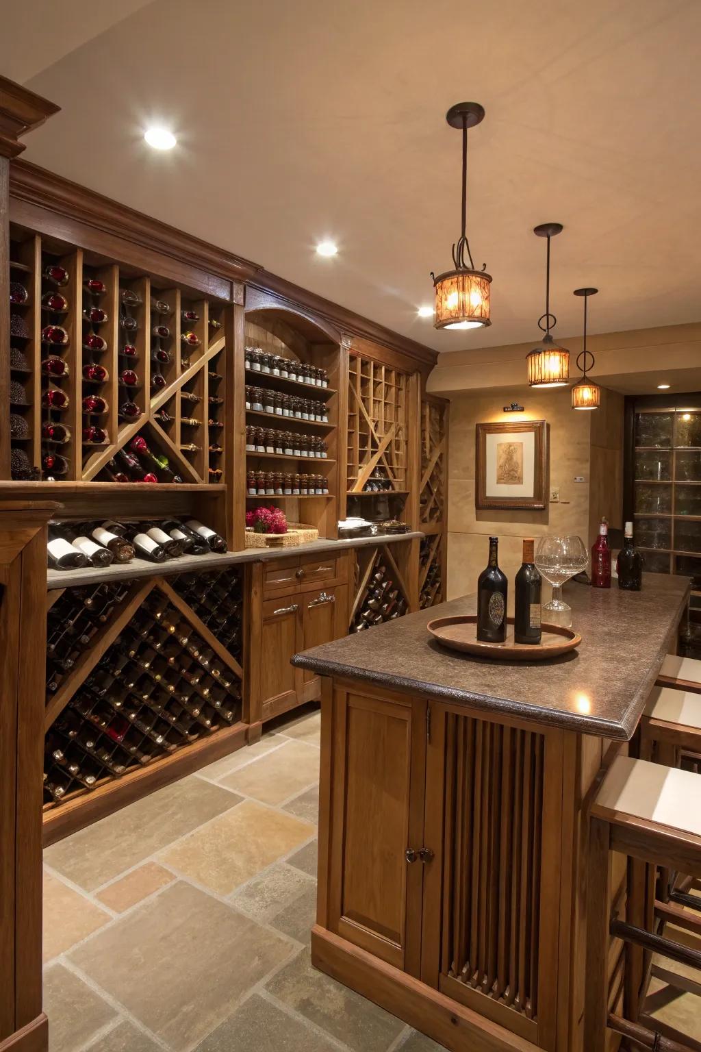 A refined wine storage area suited for connoisseurs.