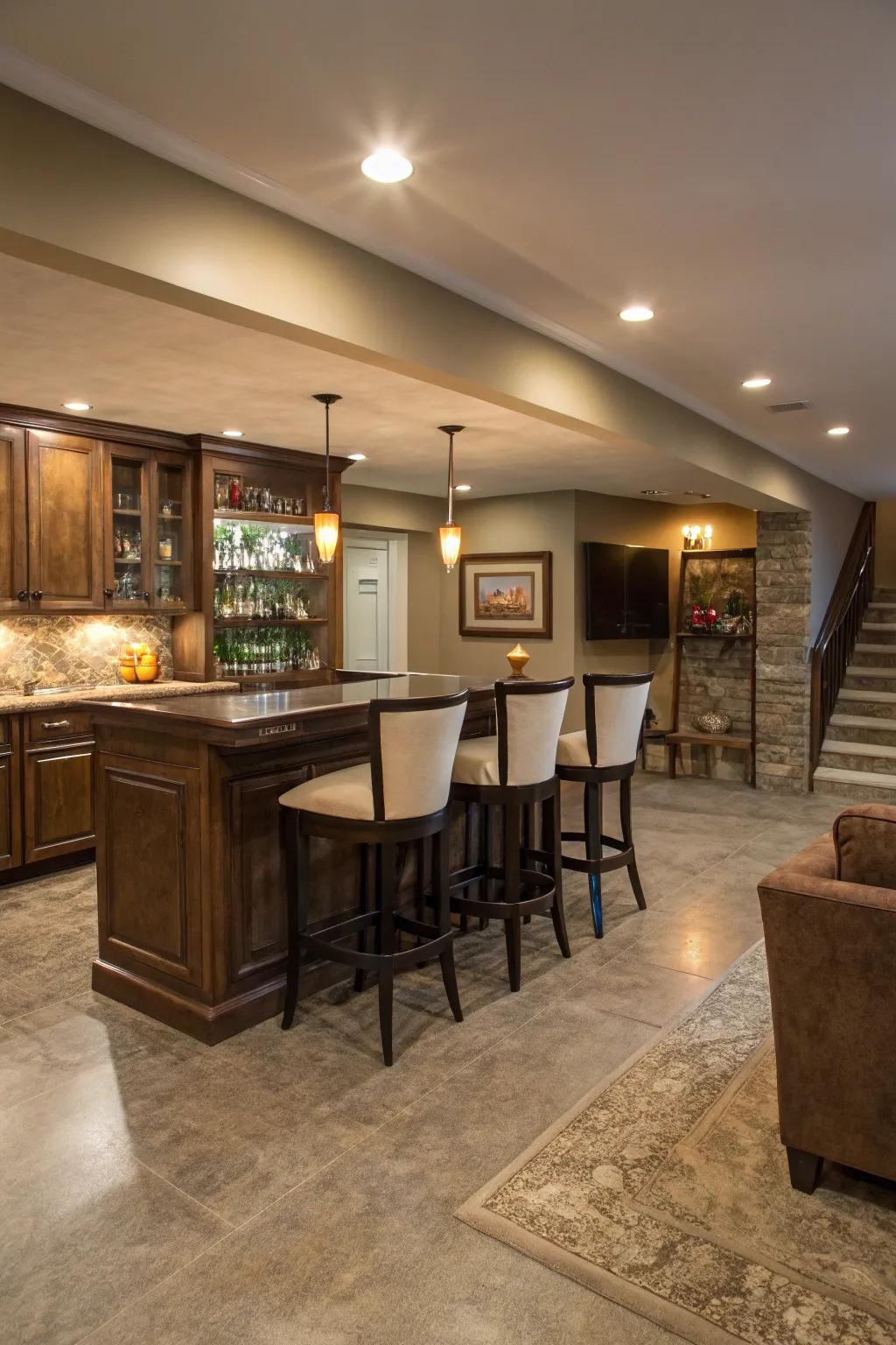 Cement floors give a chic foundation for a classy home bar setup.