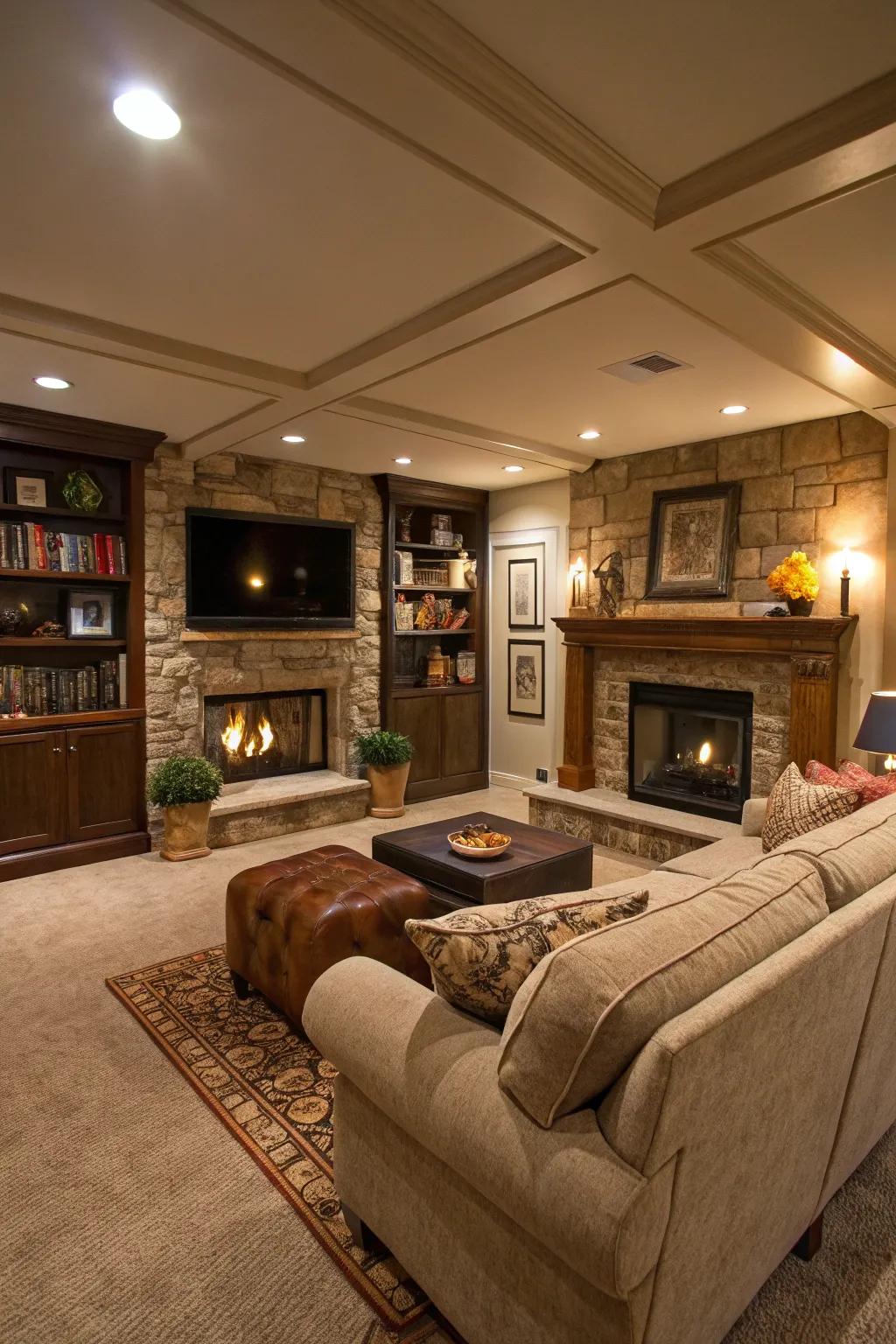 A fireplace injects warmth and serves as a beautiful centerpiece in this basement.