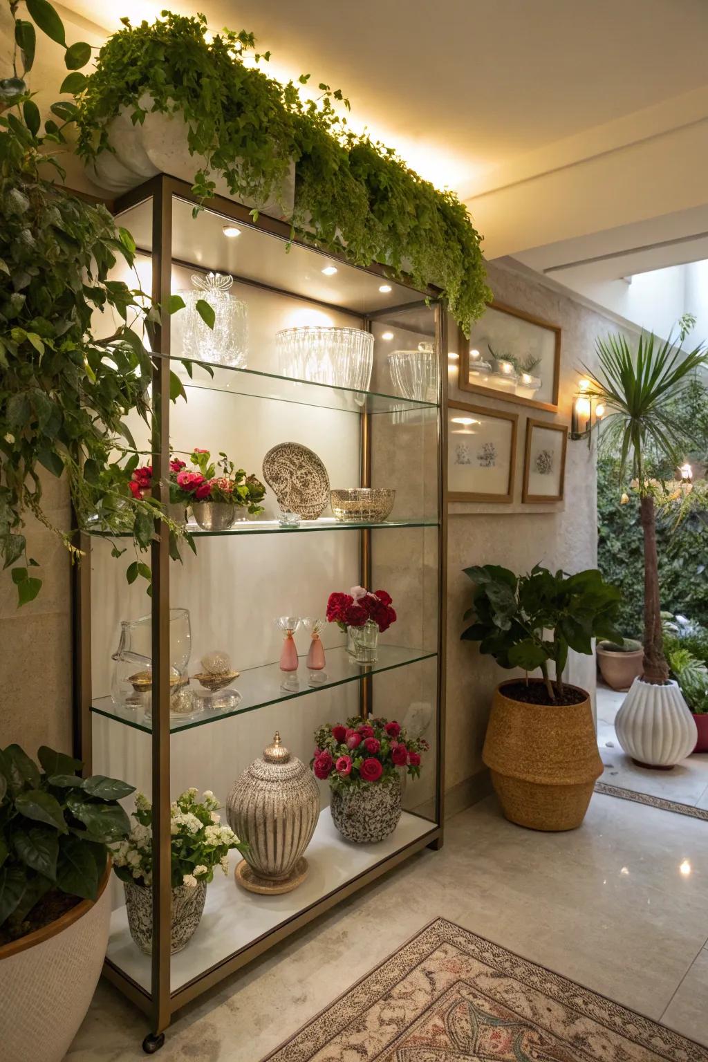 Glass shelving contributes an elegant and airy sensation to any basement space.