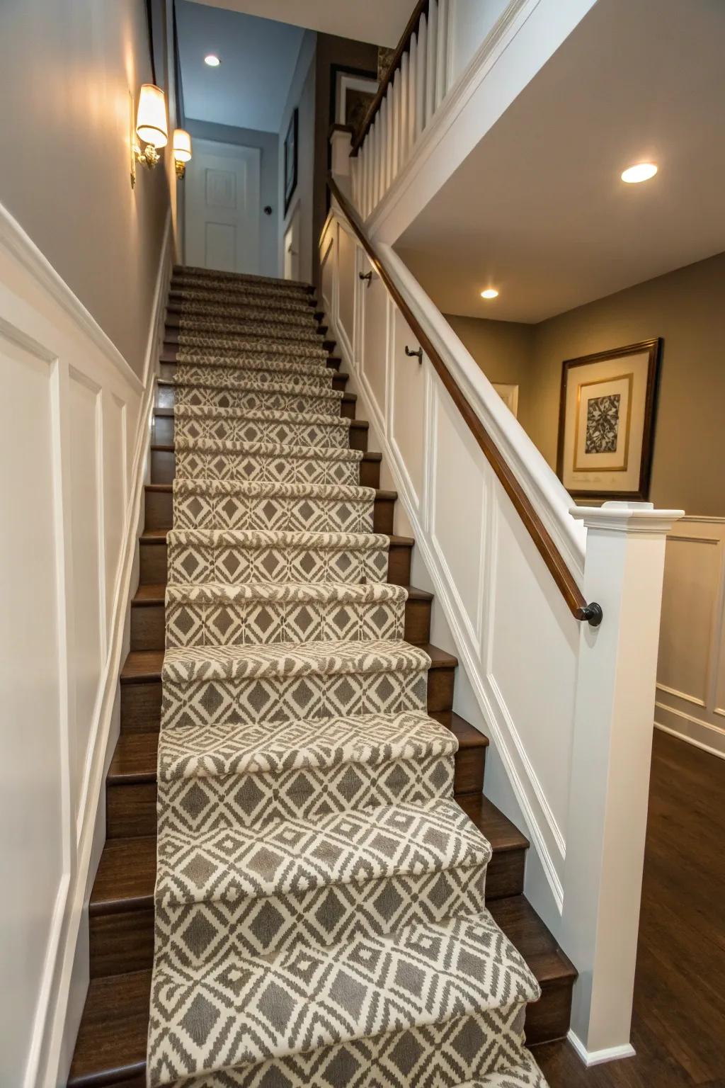 A patterned step covering contributes style and protection.