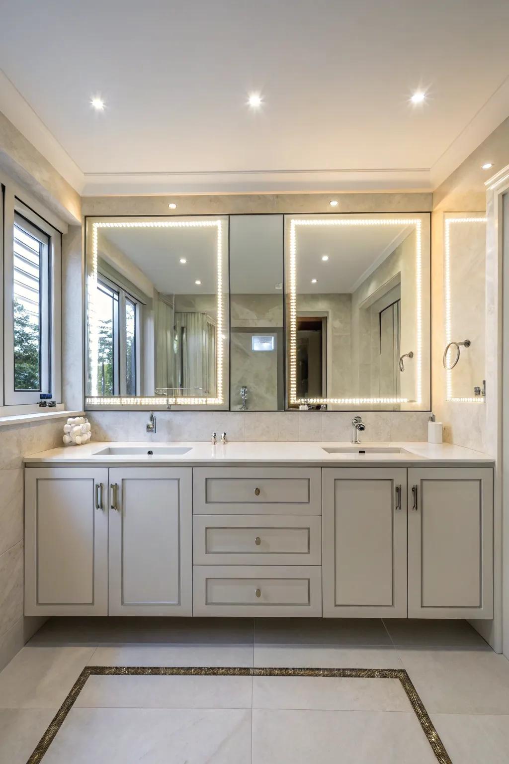 Mirrored storage units amplify lighting and generate a roomy sensation.