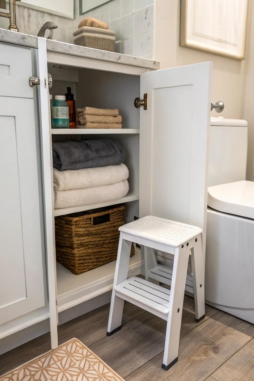 A step stool renders high shelves accessible.