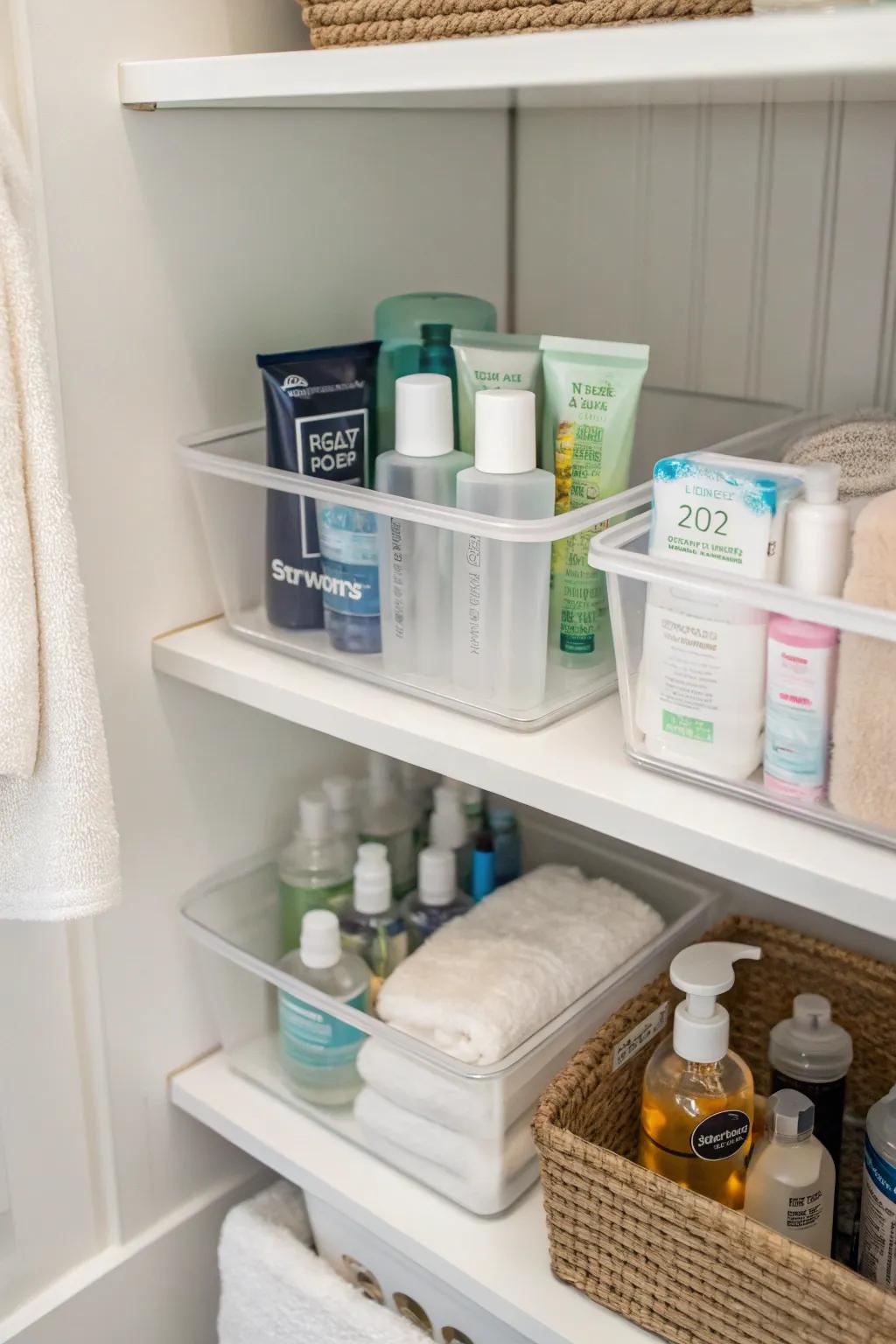 Transparent bins on shelves offering easy access to toiletries.
