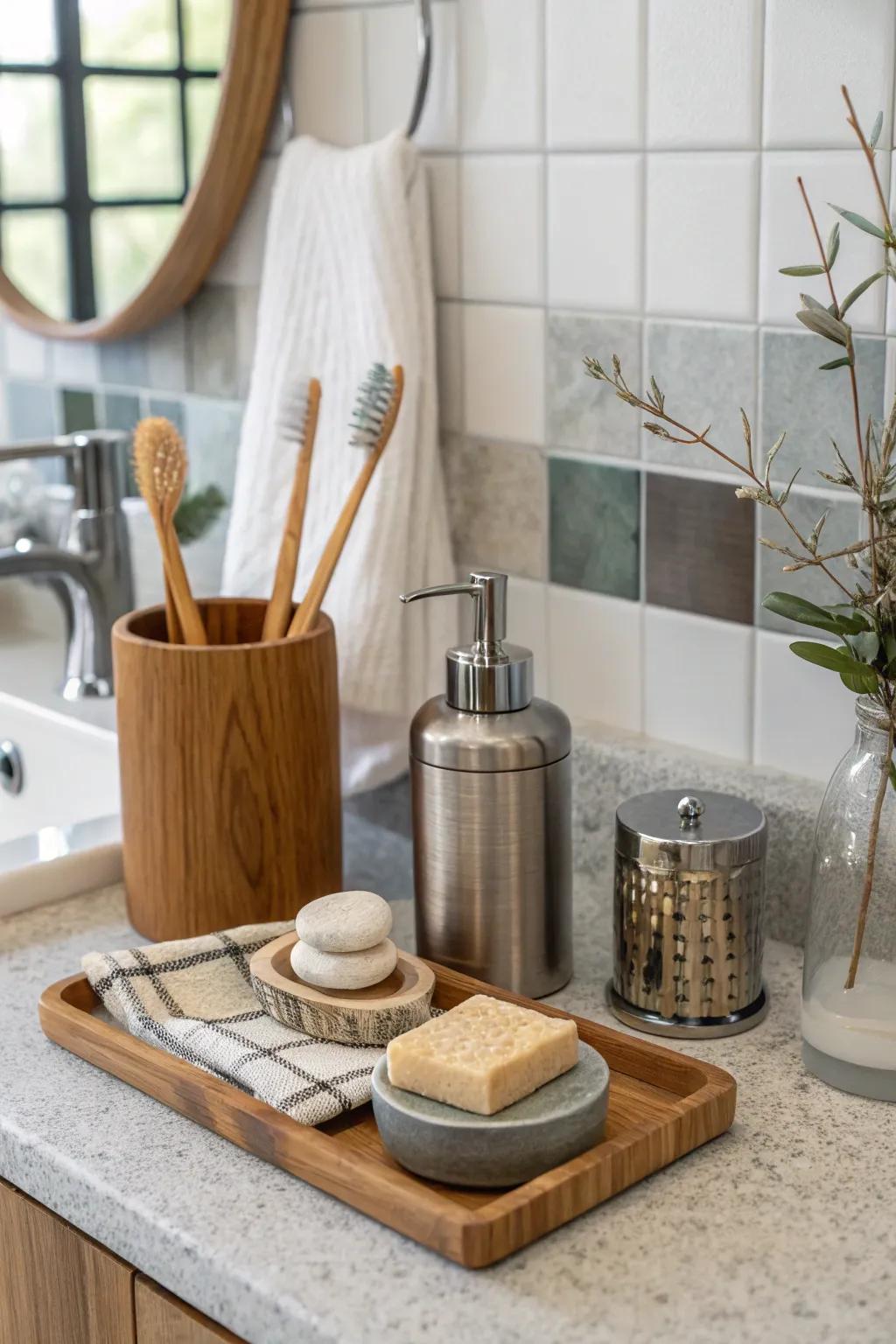 Design an assorted bathroom counter with mixed materials.