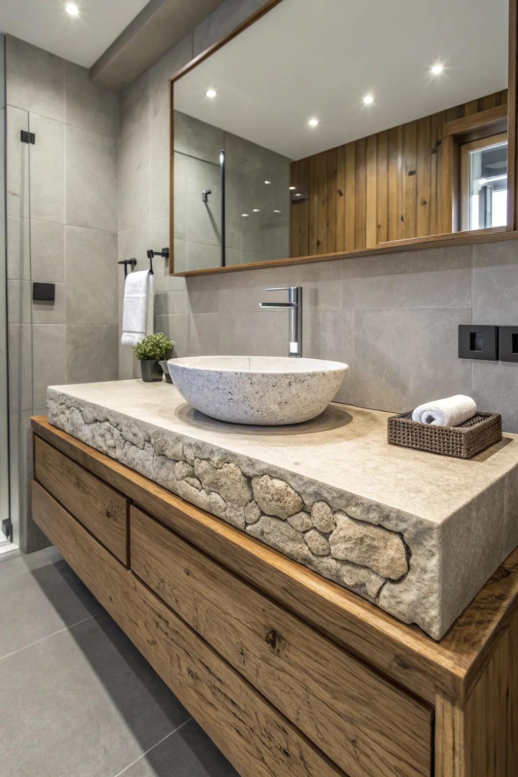 Mixed surface countertops enrich dimension and intrigue.