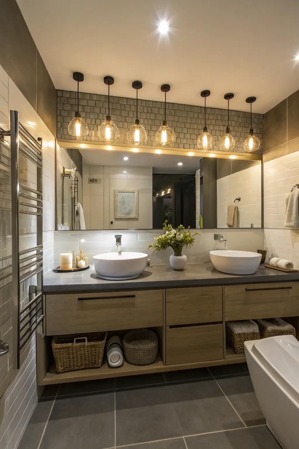 A bathroom illuminated by creative illumination, contributing coziness and a dynamic sensation to the area.