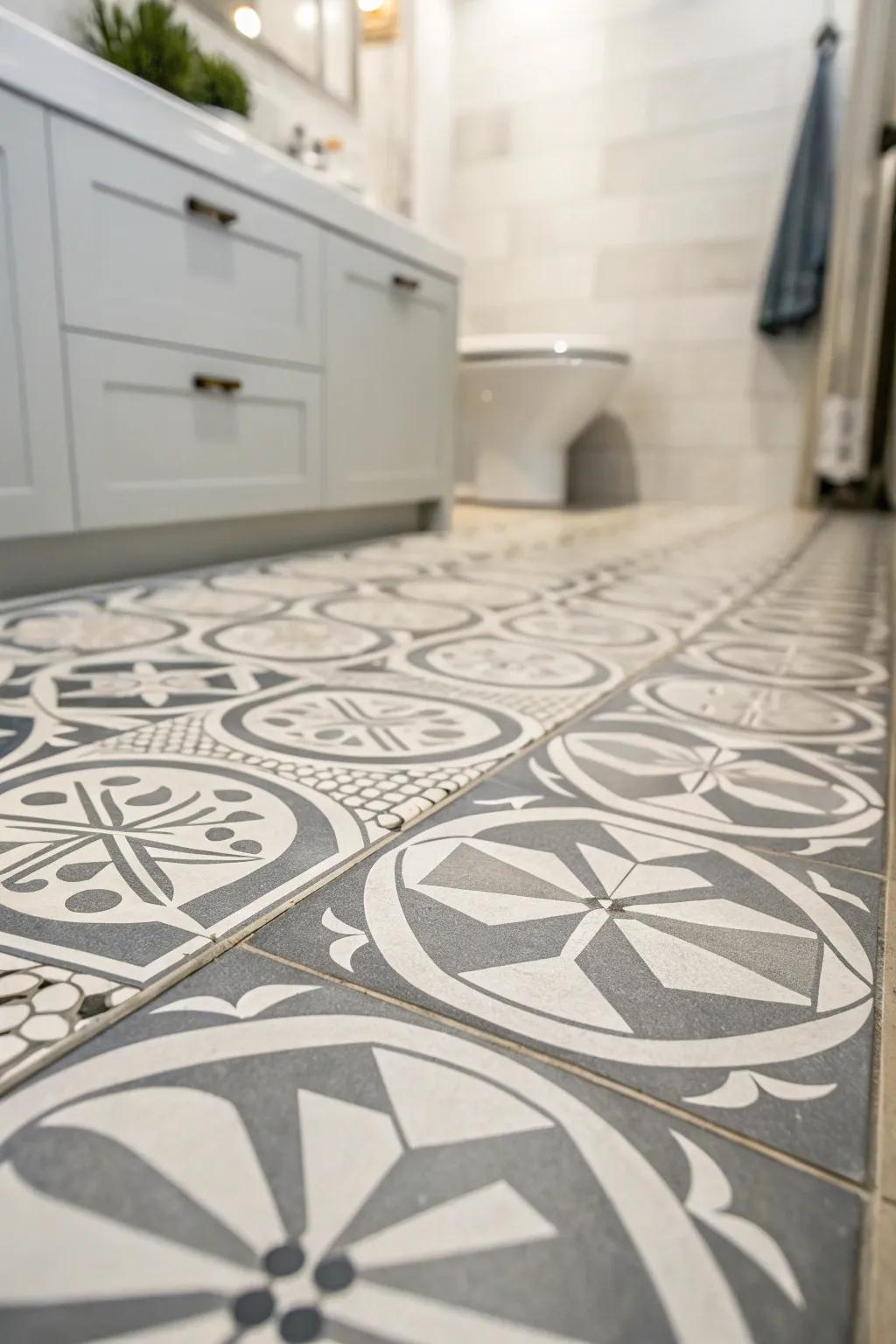 Patterned rock floorings offer a streamlined, modern atmosphere to your washroom.