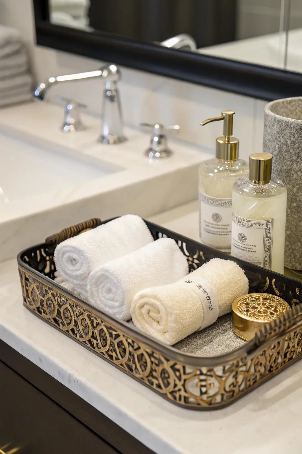 Rolled towels inside a serving tray propose a refined and graceful presentation.