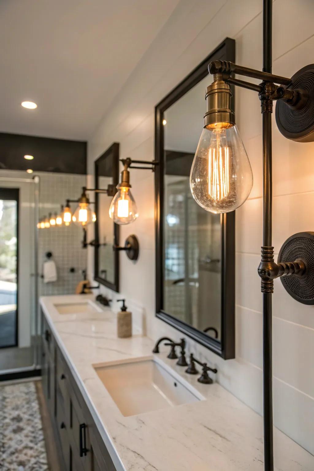 Manufacturing-inspired wall lights contribute cutting-edge sophistication.