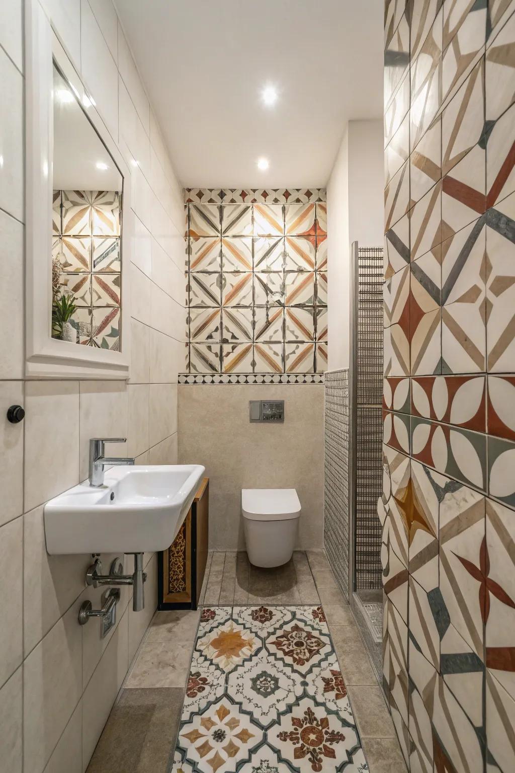 Shape patterns bring a modern flair to bathroom designs.