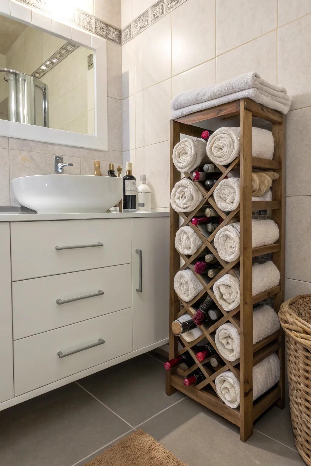 A wine rack innovatively repurposed for towel storage.