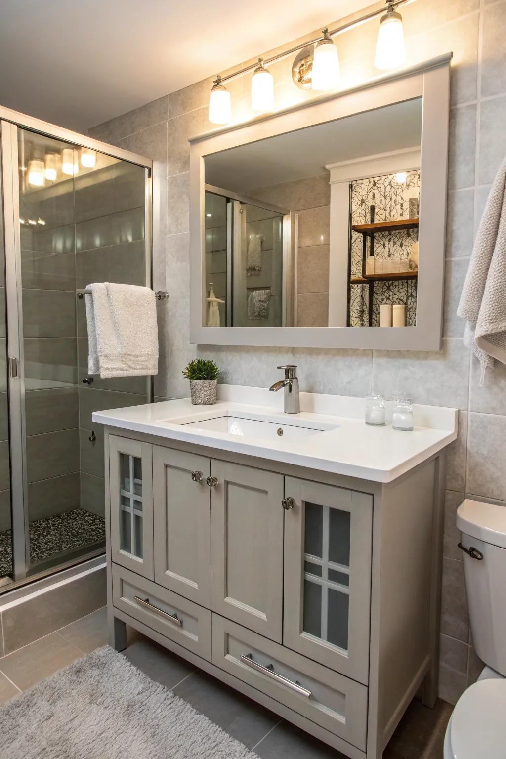 Mirrored cabinets add classiness and hidden storage.