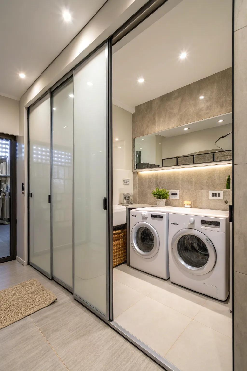 Sliding doors concealing the laundry area, maintaining a streamlined look.