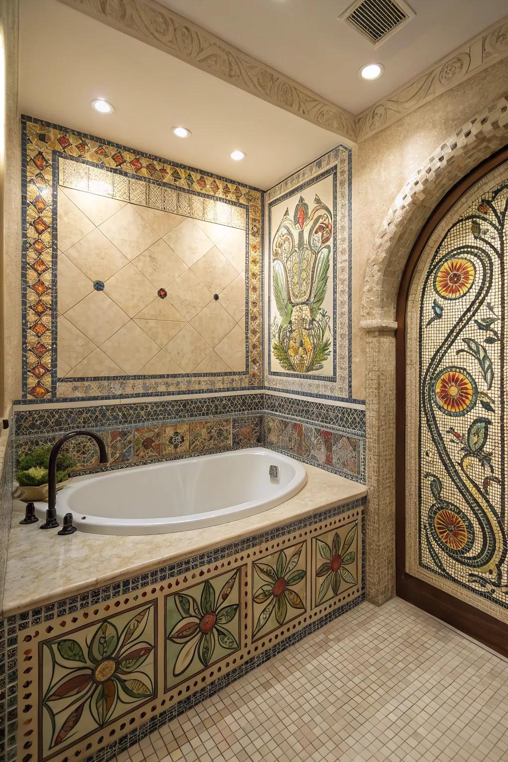 Mosaic patterns turn bathtub walls into artistic masterpieces.