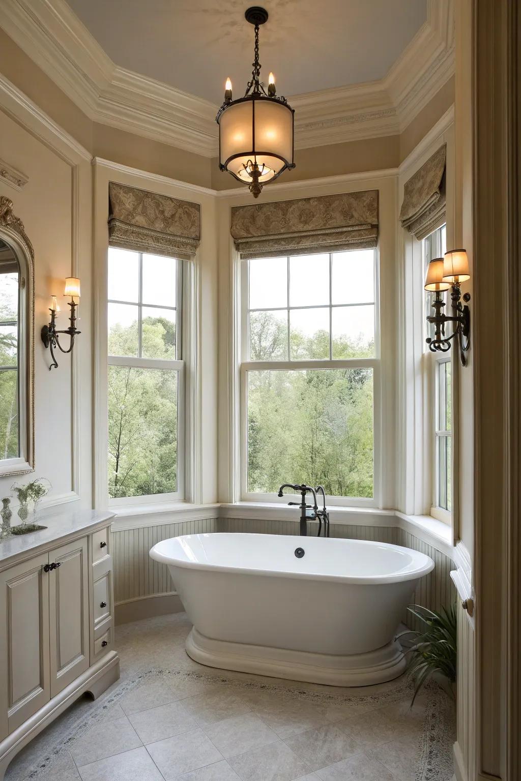 Curved window groupings lend classic grace to the bath area.
