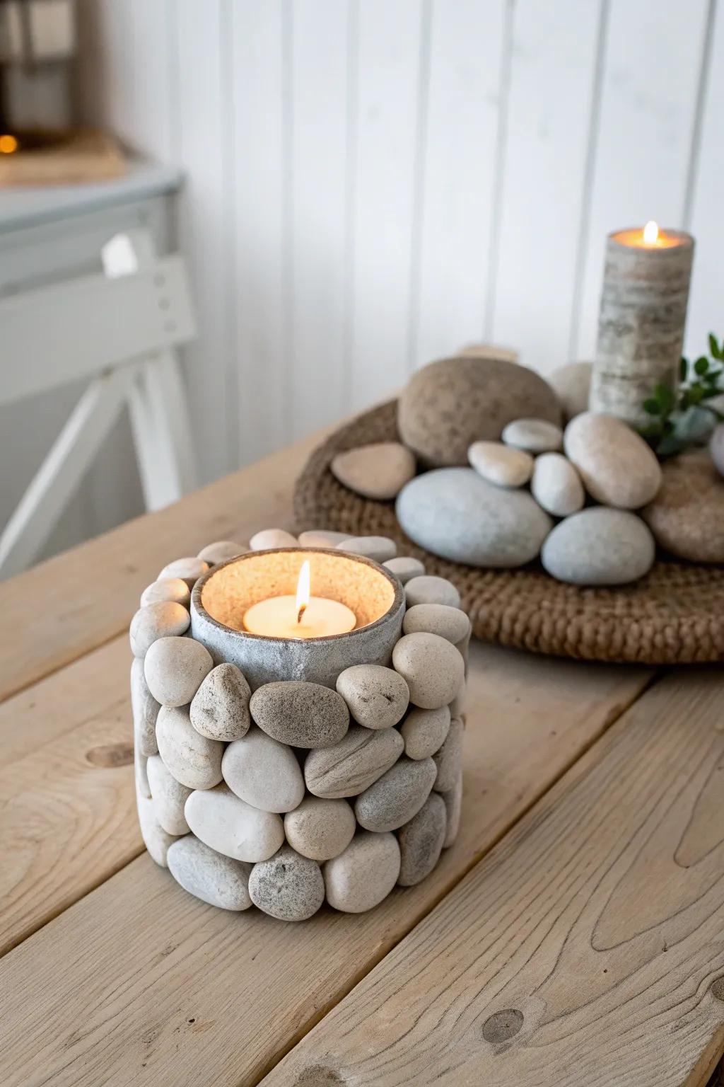 Embrace serene elegance with this beach pebble candle holder, perfect for adding a touch of natural charm to your space.