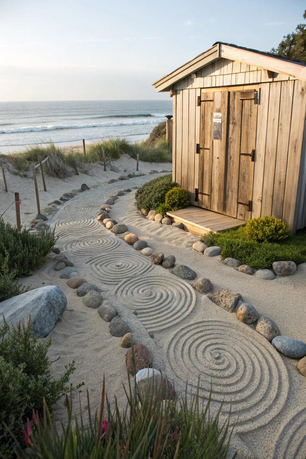 A sand and pebble zen garden delivers serenity adjacent to the beach shed.