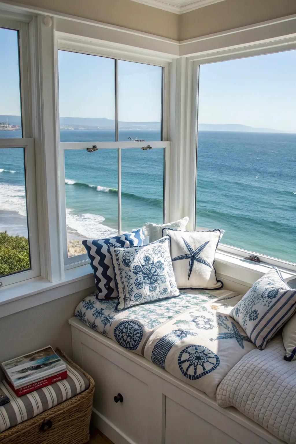 A window seat offers a serene spot to soak in the ocean view.