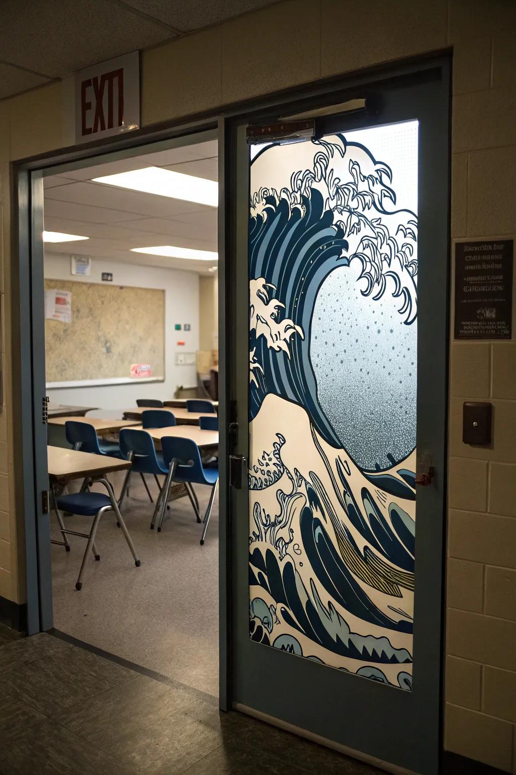 Classroom entrance showcasing an audacious tidal surge design.