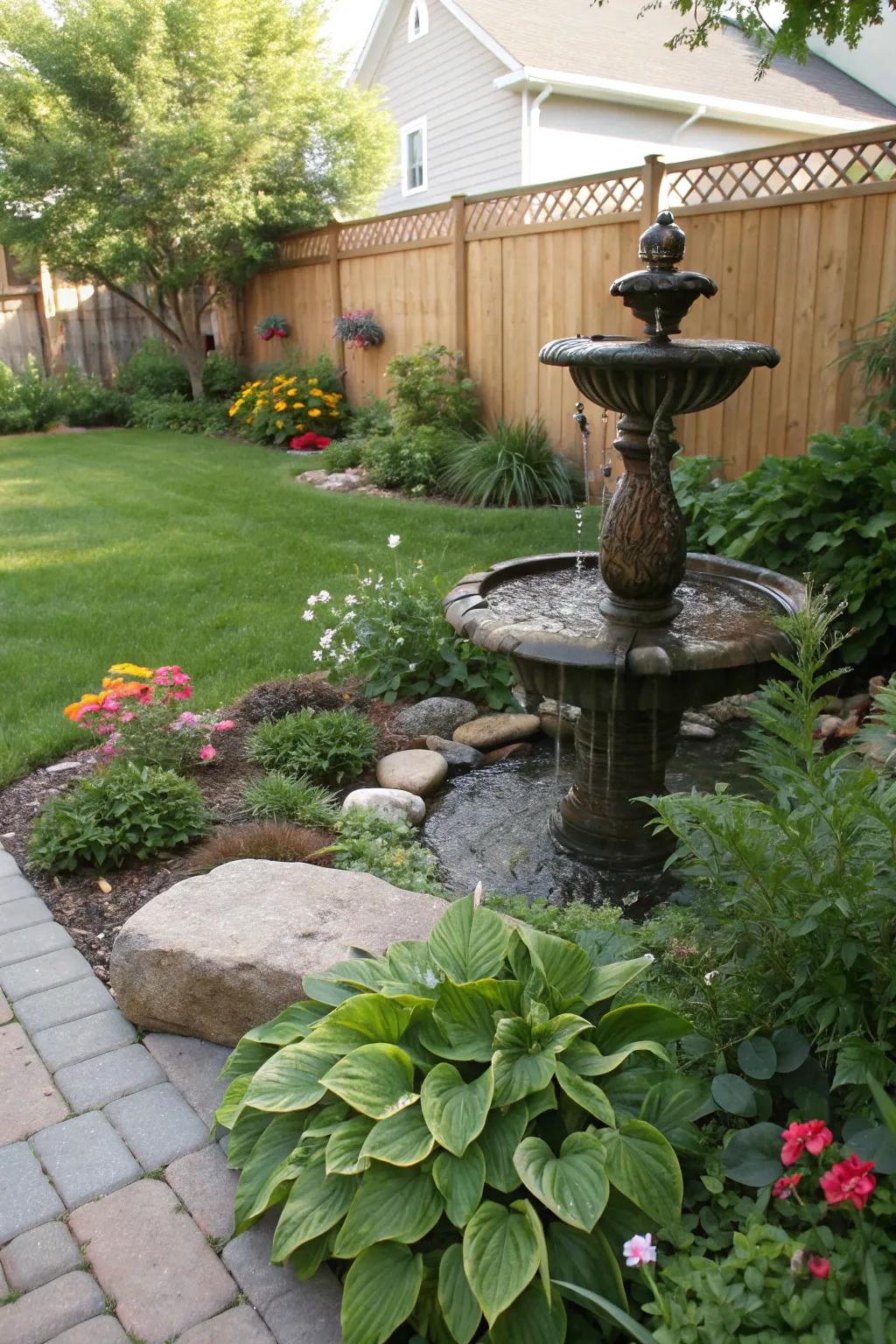 A soothing water display elevating the garden's tranquility.