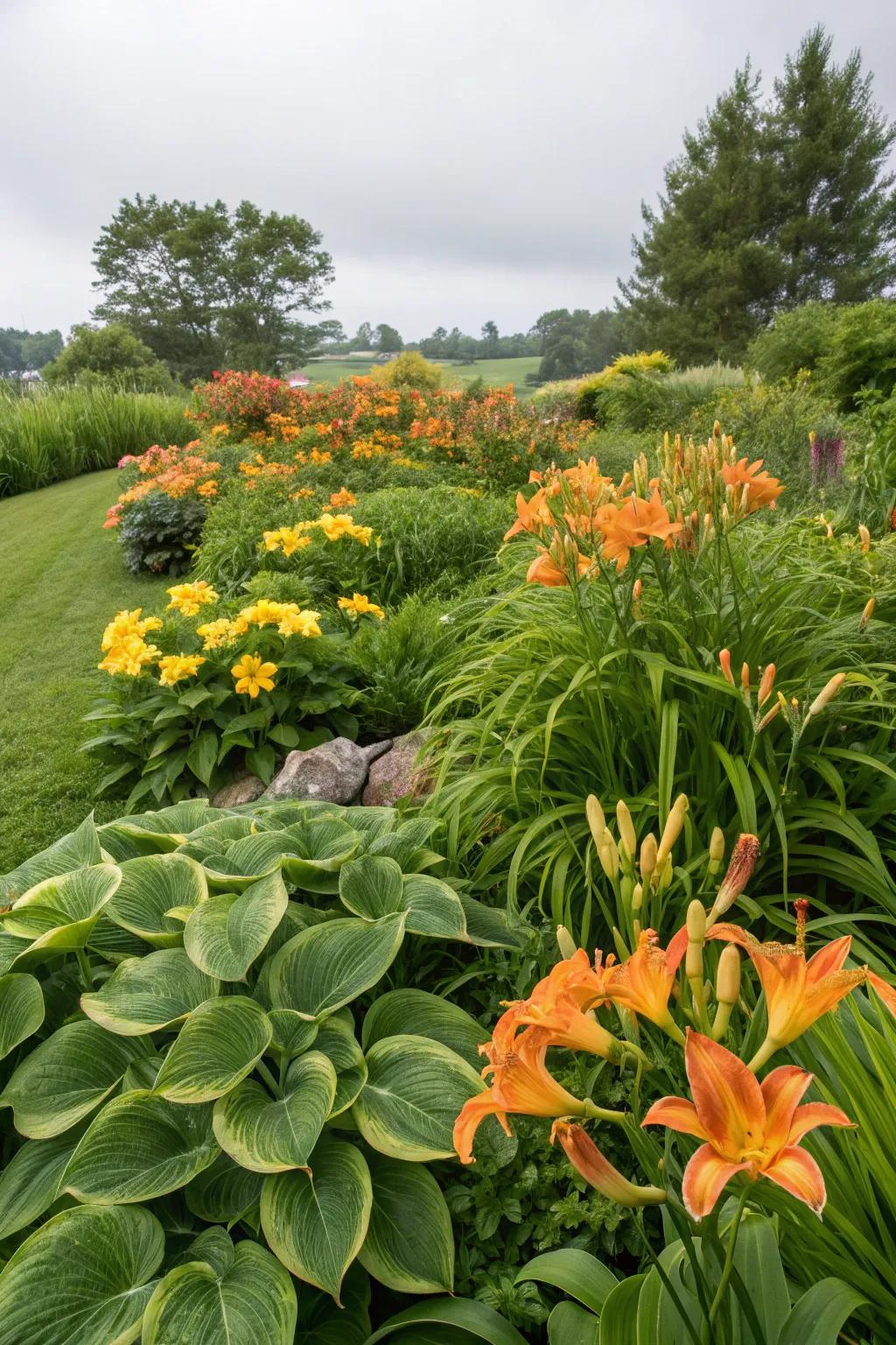 A perennial garden showcases lush hostas and vibrant daylilies, creating a beautiful and sustainable landscape.