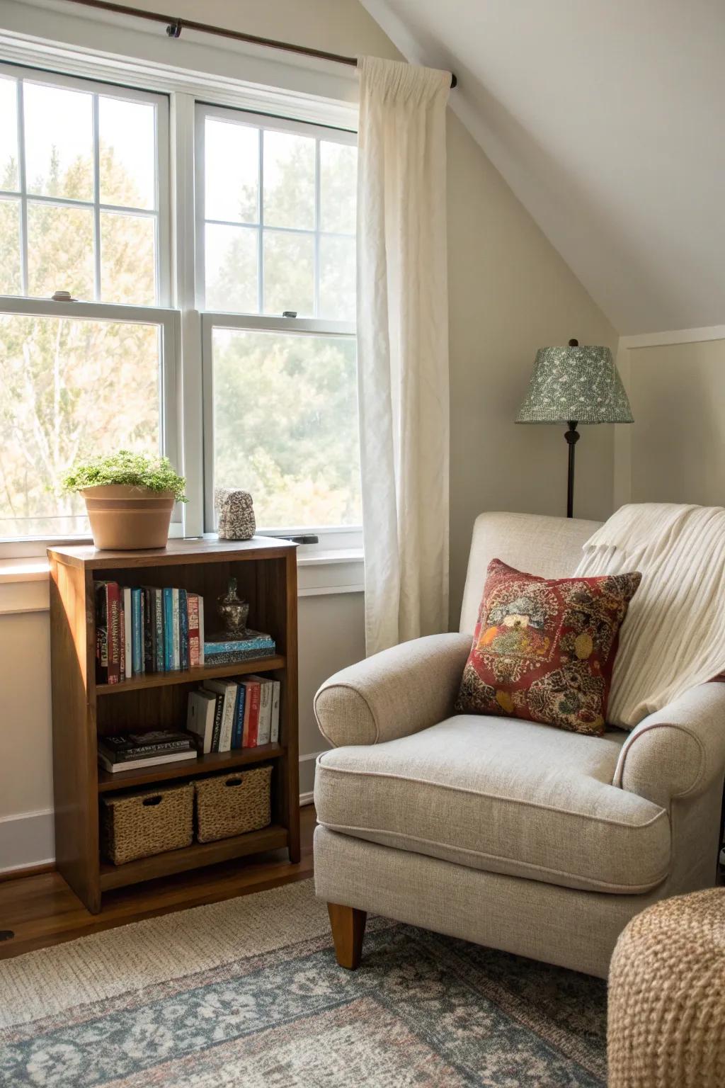 A reading corner delivers a personal retreat within the bedroom.