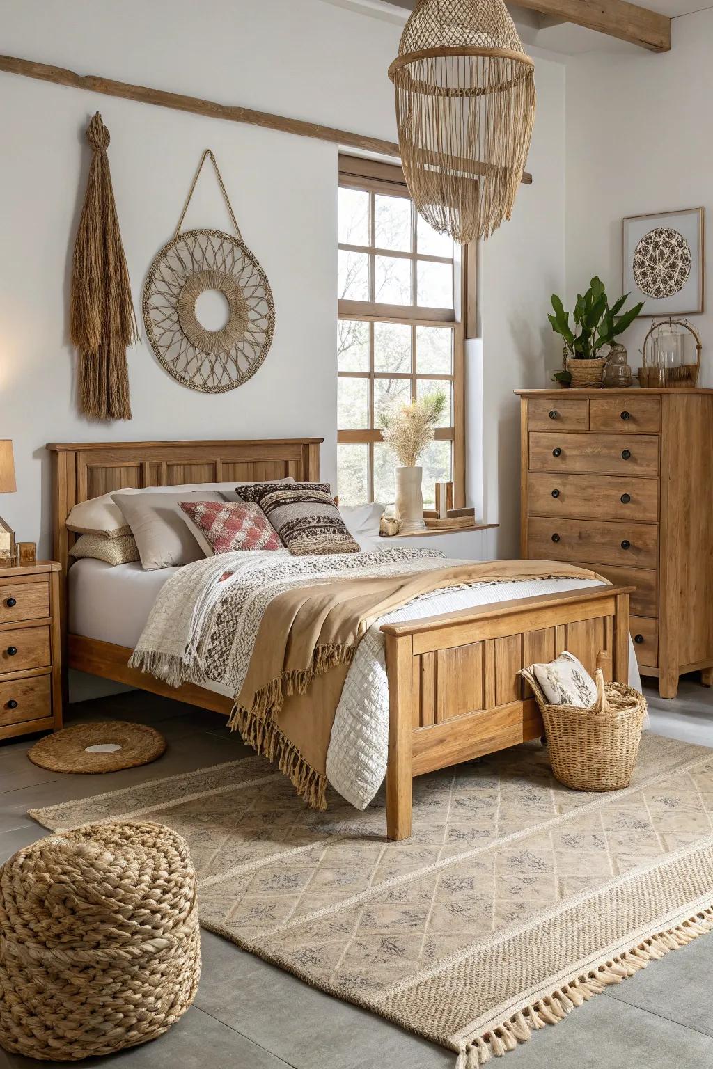 Natural components contribute warmth and texture to this bedroom.