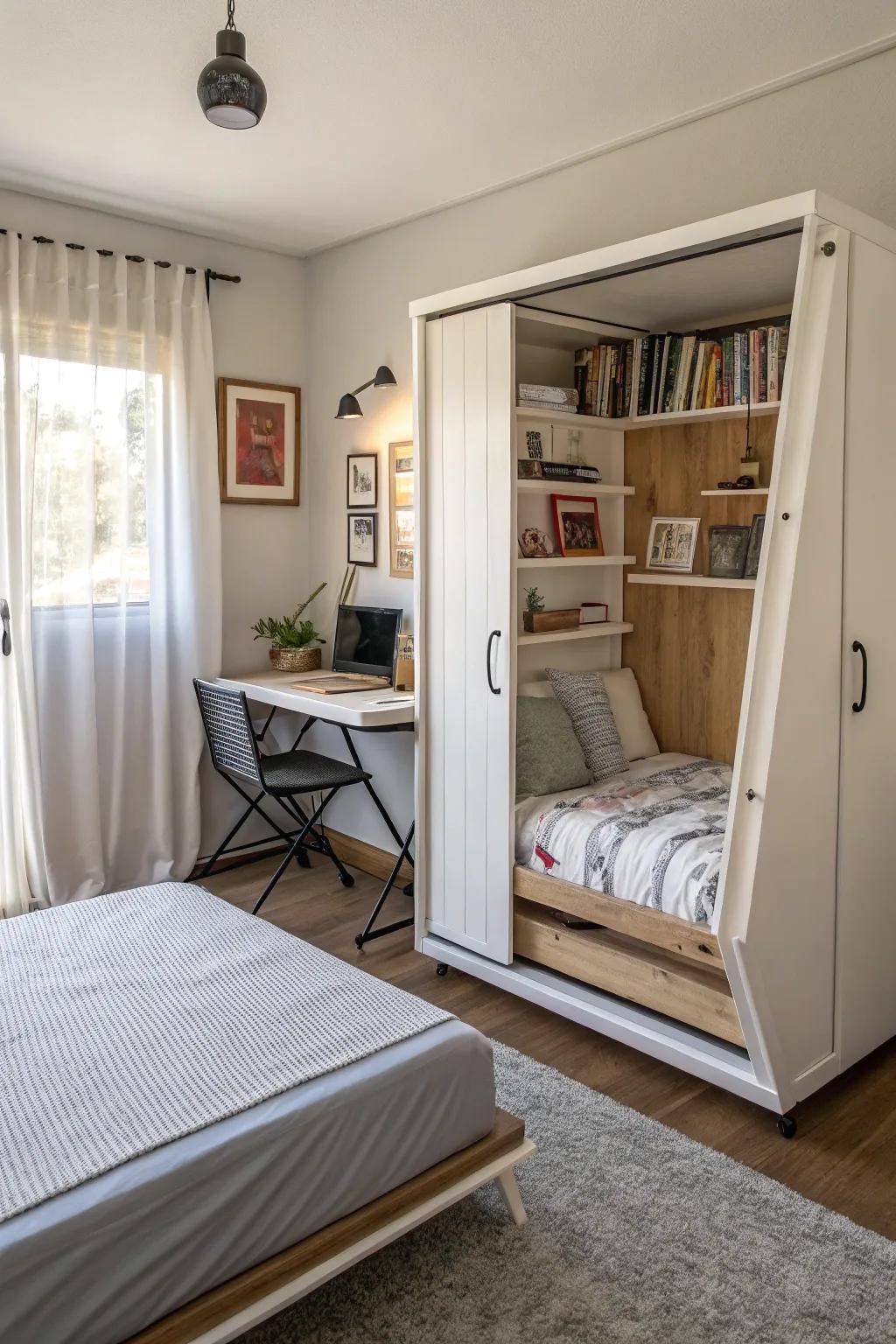 Change a small room using a space-saving folding bed.