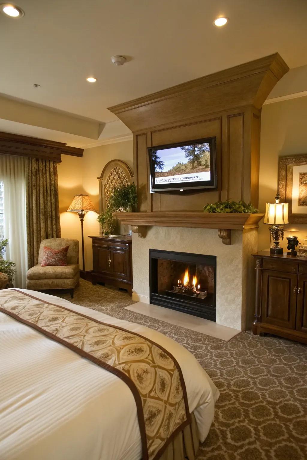 A fireplace contributes luxury and warmth to your bedroom TV area.