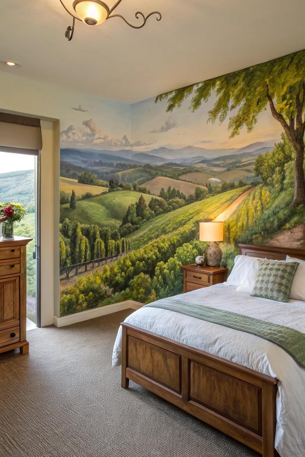 A painted visual transforms a bedroom wall into a singular artistic masterpiece.