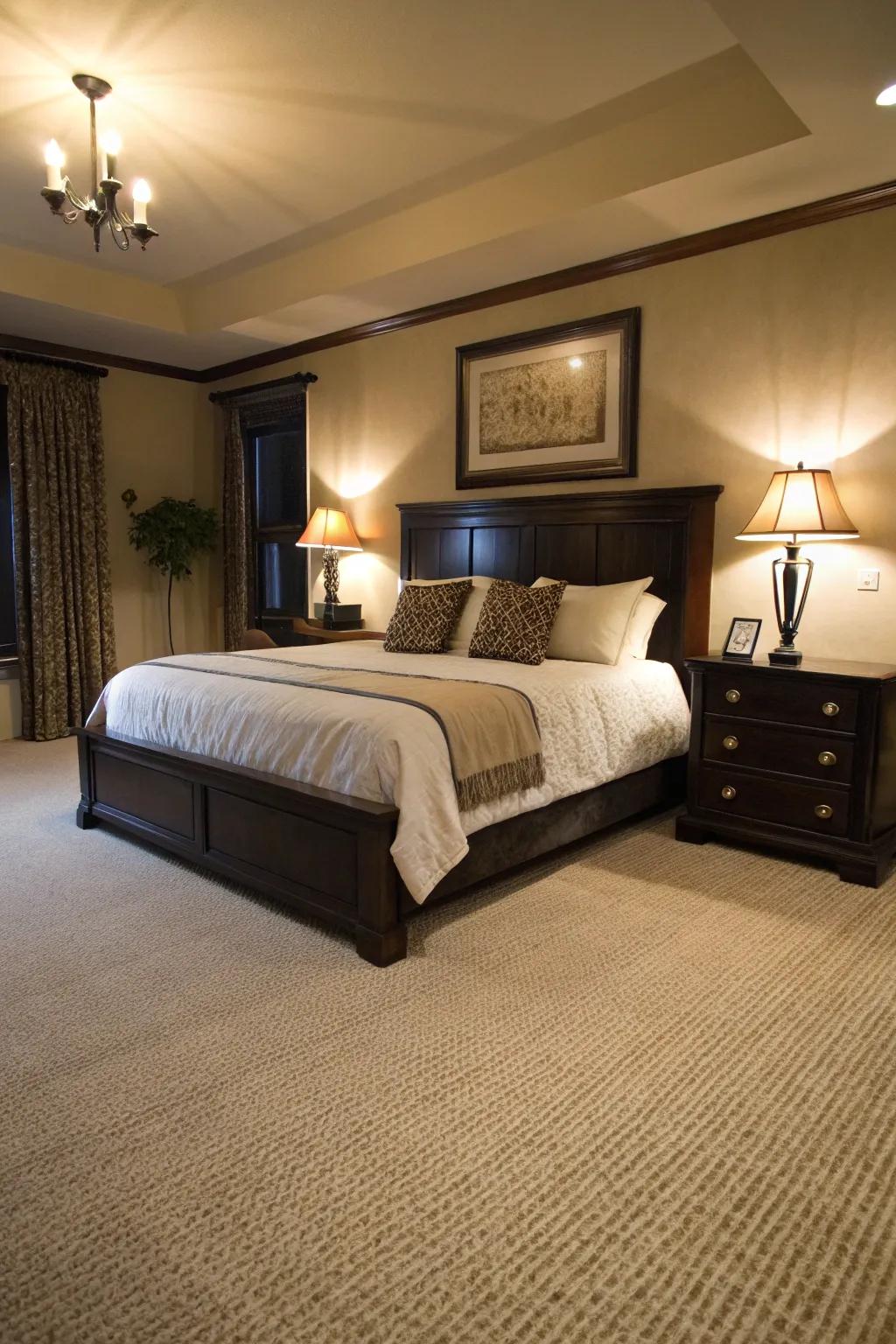 Somber accents add depth and sophistication to this bedroom featuring a beige carpet.