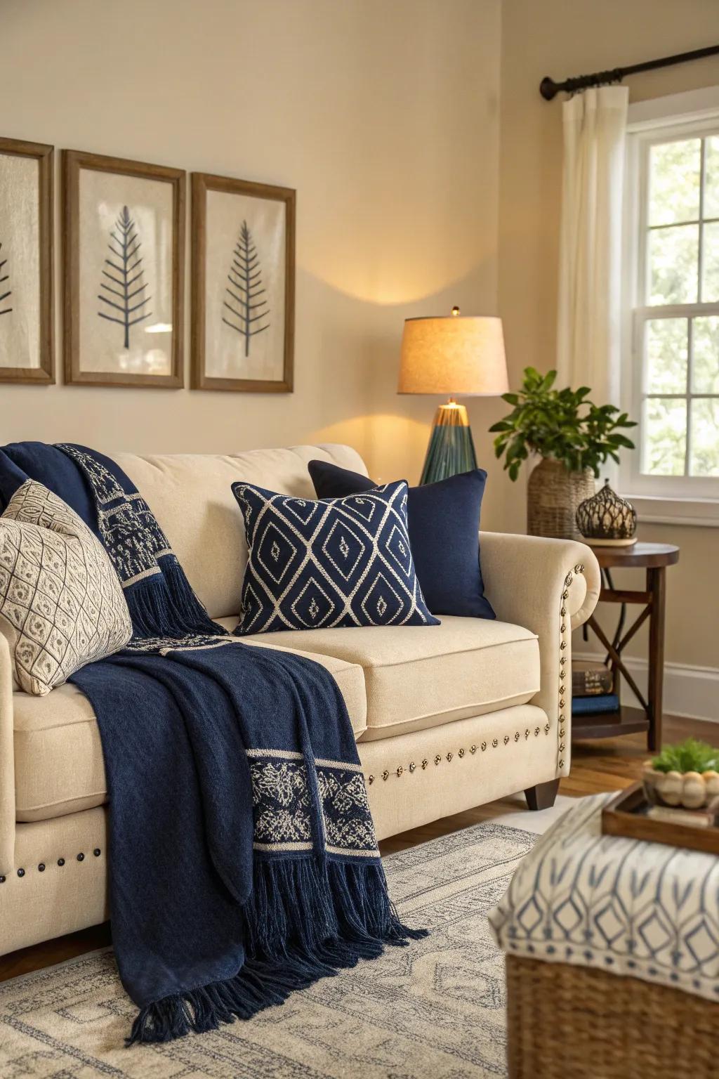 The pairing of navy offers depth and contrast.