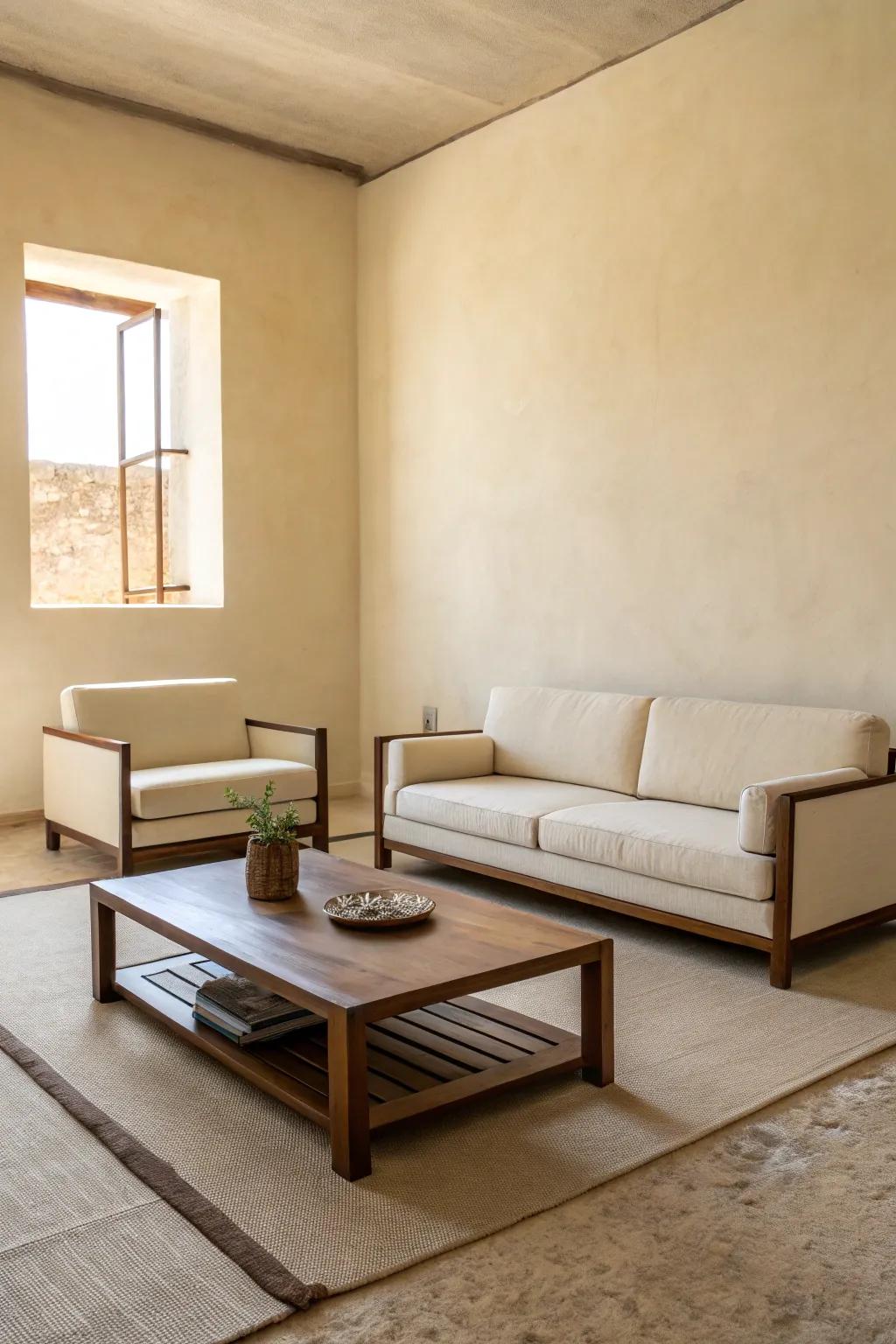 The simplified furniture elegantly complements the modern aesthetic prevalent in this beige area.